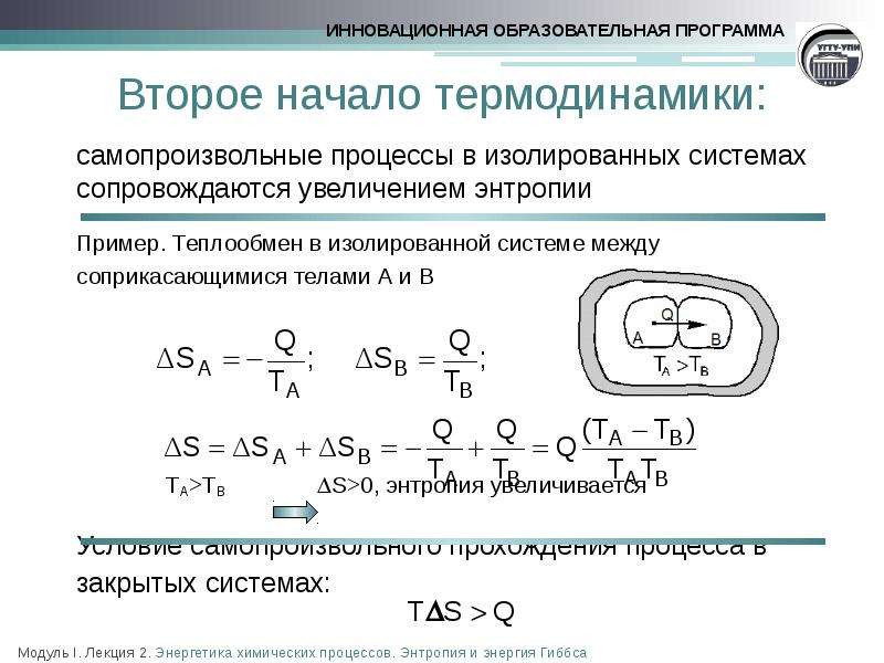 Энергия химических процессов. Изменение энтропии при теплообмене. Изменение энтропии в изолированной системе. Теплообмен в изолированной системе. Самопроизвольные процессы в термодинамике примеры.