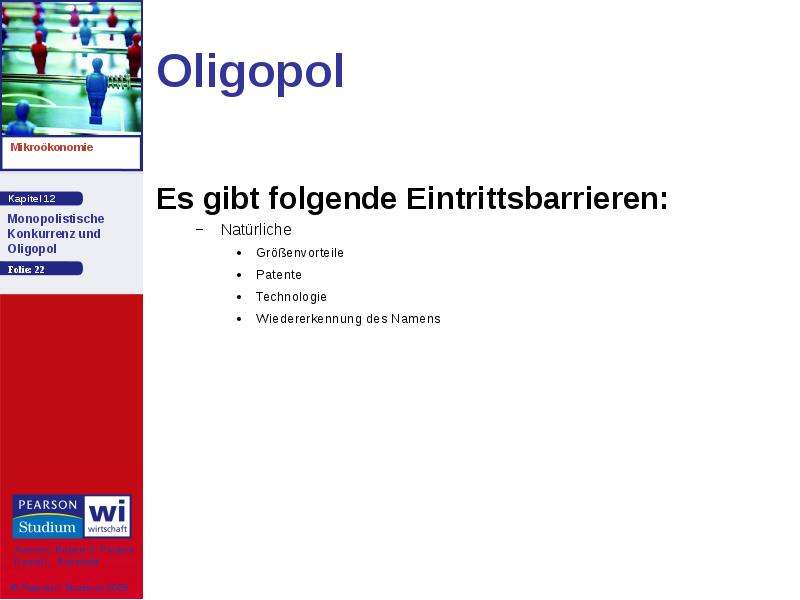 Oligopol Es gibt folgende Eintrittsbarrieren: Natürliche Größenvorteile Patente Technologie Wiederer