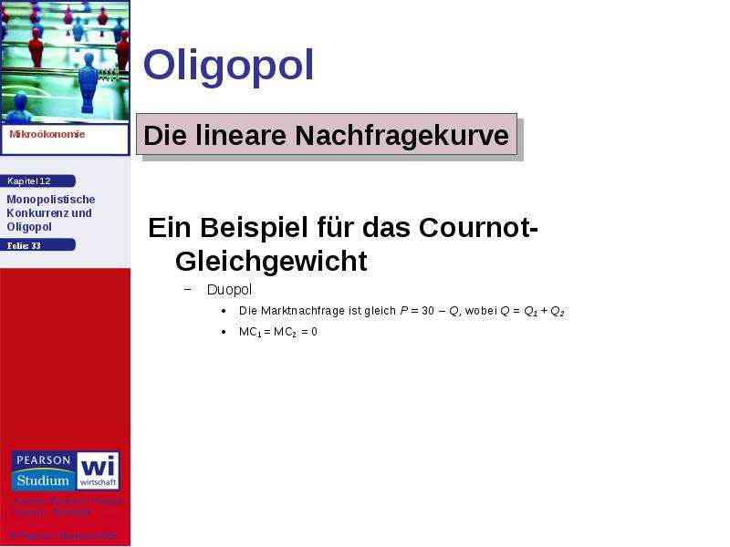 Oligopol Ein Beispiel für das Cournot-Gleichgewicht Duopol Die Marktnachfrage ist gleich P = 30 – Q,