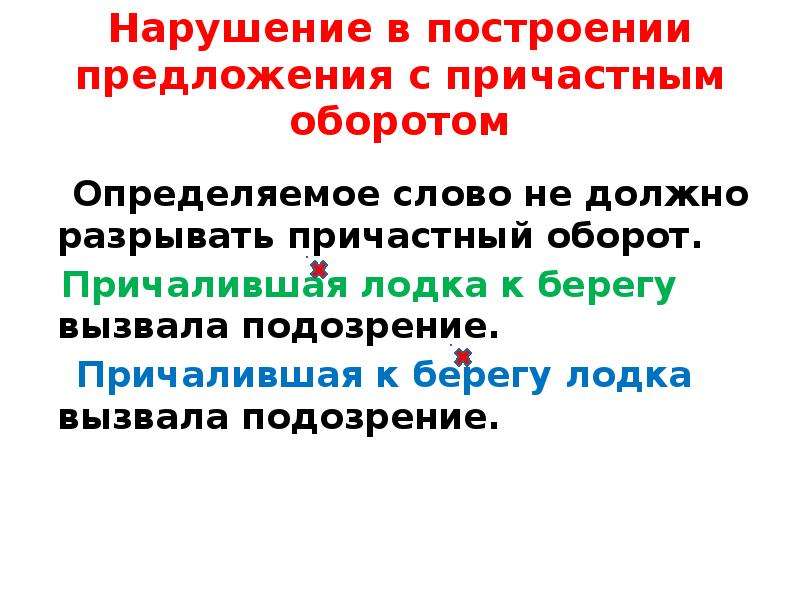 Ошибки в предложениях с причастным оборотом. Нарушение в построении предложения с причастным оборотом.