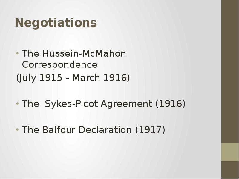 Negotiations The Hussein-McMahon Correspondence (July 1915 - March 1916) The Sykes-Picot Agreement (