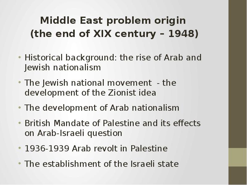Middle East problem origin (the end of XIX century – 1948) Historical background: the rise of Arab a