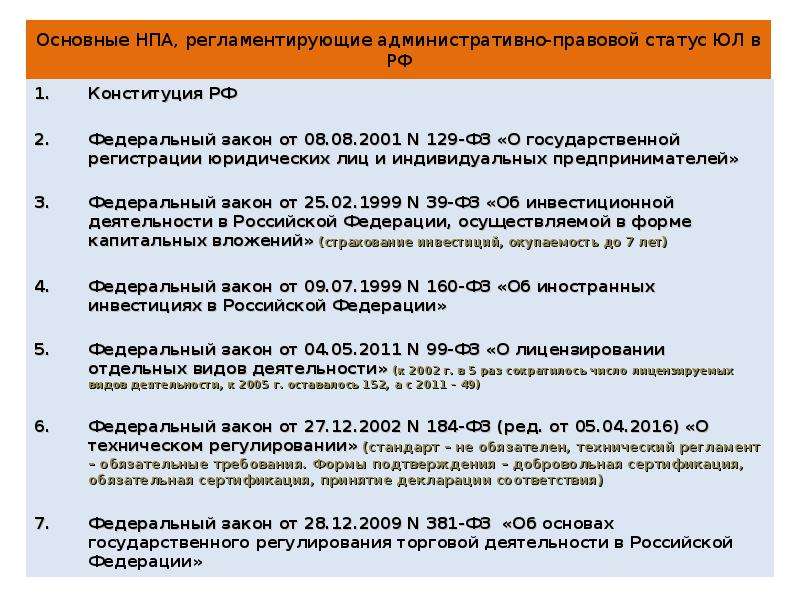 Основные НПА, регламентирующие административно-правовой статус ЮЛ в РФ Конституция РФ Федеральный за