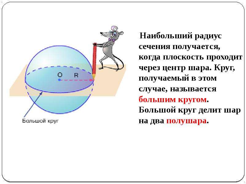 Наибольший радиус сечения получается, когда плоскость проходит через центр шара. Круг, получаемый в