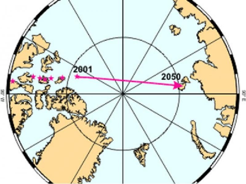 Карта движения магнитного полюса земли