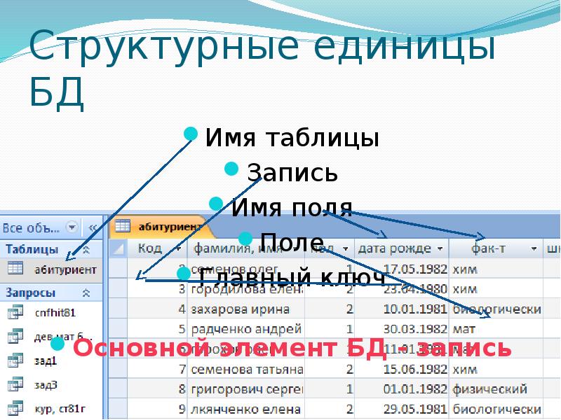 Имена полей базы данных