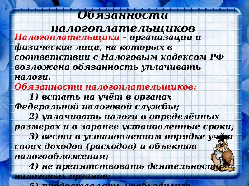 План правовой статус налогоплательщика в рф