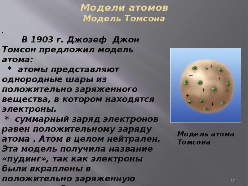 Радиоактивность модели атомов 9 класс ответы. Модель атома Томсона 1903. Модель Томсона строение атома. Модель Томсона физика 9 класс. Пудинговая модель Томсона.