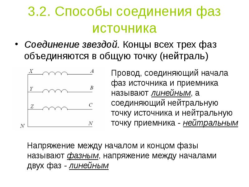 Фаза источника. Способы соединения фаз источника. Способы соединения фаз трехфазных источников и приемников. 2. Какими способами соединяются фазы трехфазных источников?. Соединение фаз звездой.