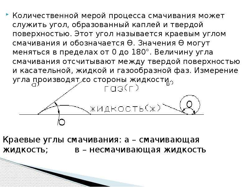 Угол смачивания жидкостью. Краевой угол (φ) для смачивающей жидкости меняется в пределах. Смачивание краевой угол смачивания. Косинус угла смачивания. Смачиваемость. Степени смачиваемости. Краевой угол смачивания..