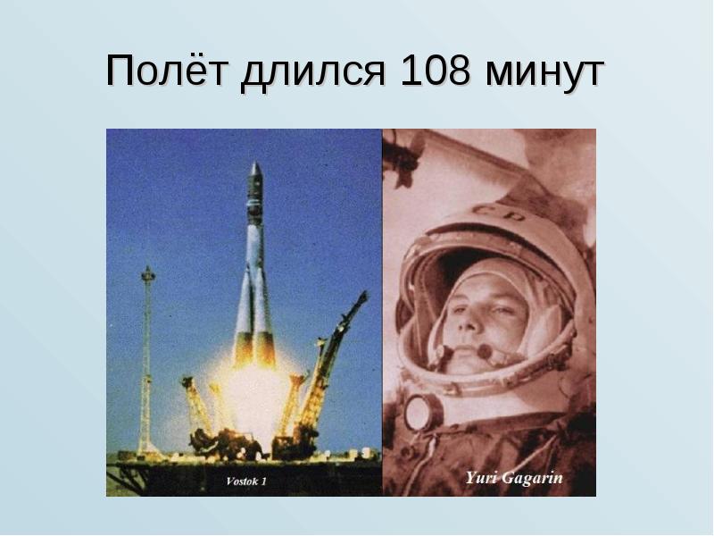 Первый космический полет человека длился. Гагарин 108 минут в космосе. Первый полет Гагарина 108 минут. 108 Минут длился полет.
