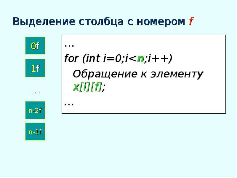 Int i for i in f. Выделение столбца это. For i i++.