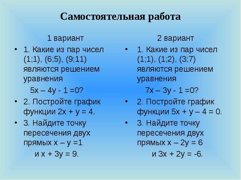 Какая пара чисел является решением. Является ли уравнение с двумя переменными линейным. Линейные уравнения самостоятельная работа. Линейные уравнения с двумя переменными является ли пара. Линейные уравнения с двумя переменными самостоятельная работа.