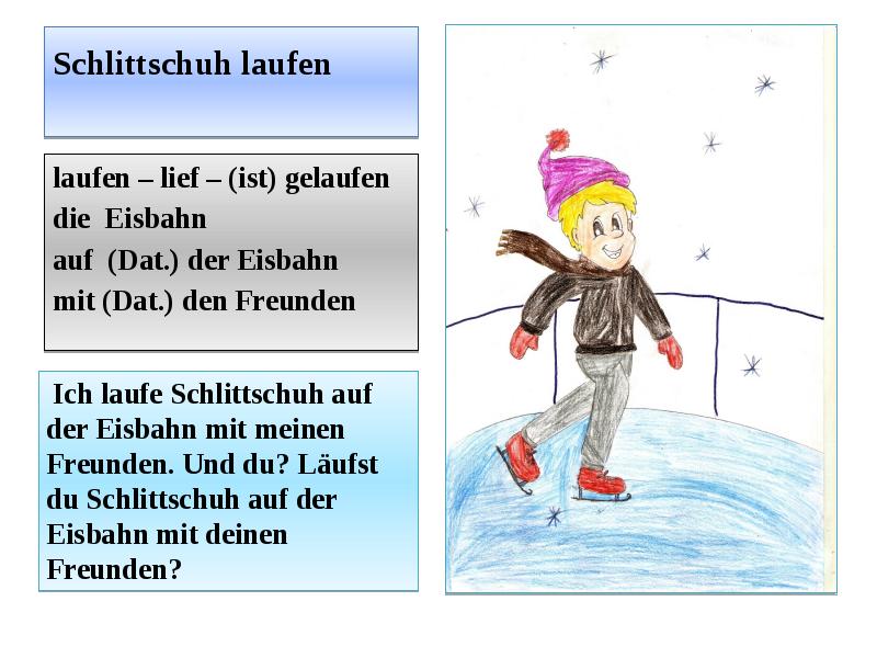 Im Winter, слайд № 9. Schlittschuh laufen laufen - lief - (ist) gelaufen di...