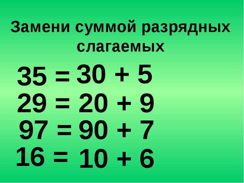 Сумма разрядных слагаемых. Замени число суммой разрядных слагаемых. Заменить суммой разрядных слагаемых. Заменить число суммой разрядных слагаемых. Замена двузначного числа суммой разрядных слагаемых.