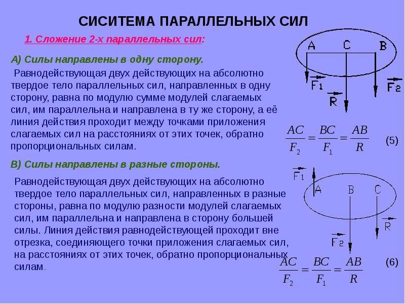 Направлен разные. Сложение двух параллельных сил теоретическая механика. Сложение двух параллельных сил направленных в одну сторону. Равнодействующая системы параллельных сил. Сложение параллельных сил техническая механика.