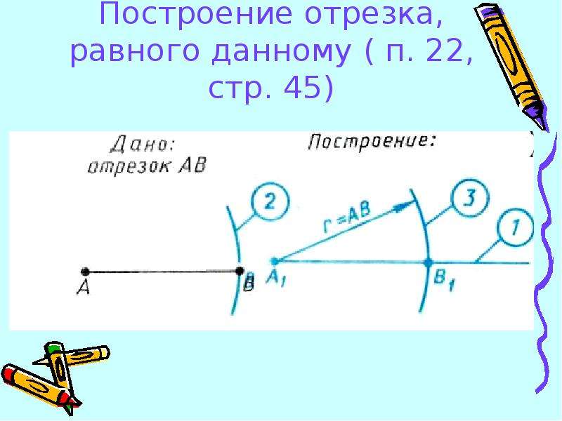 Построение отрезка. Построение отрезка равного данному. Построить отрезок равный данному. Построение отрезка равного данному с помощью циркуля. Как построить отрезок равный данному.