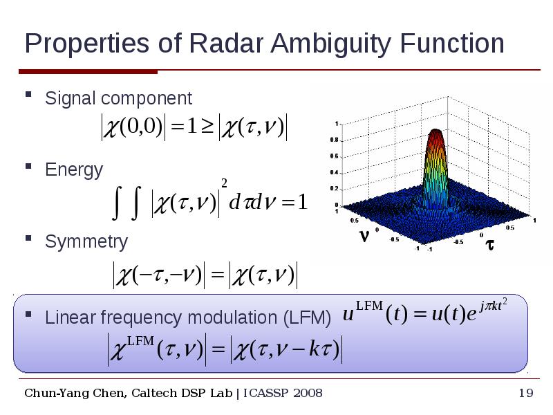 Properties of Radar Ambiguity Function Signal component Energy Symmetry Linear frequency modulation