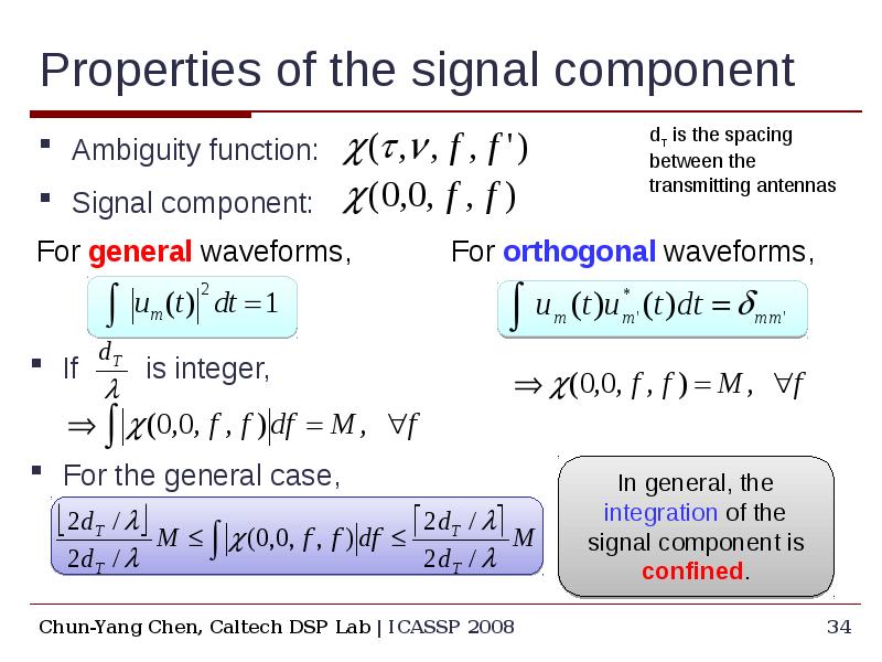 Properties of the signal component Ambiguity function: Signal component: