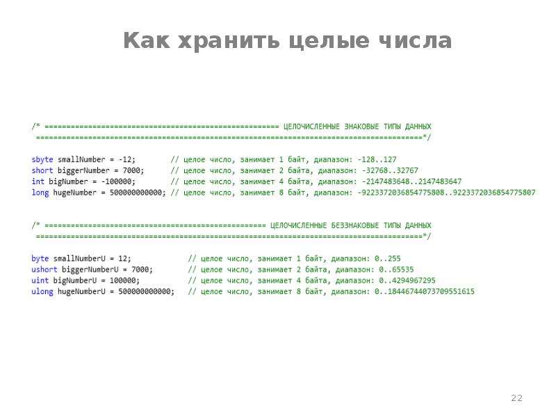 В каком числе занят. Знаковые и беззнаковые типы данных. Целое число занимает место.