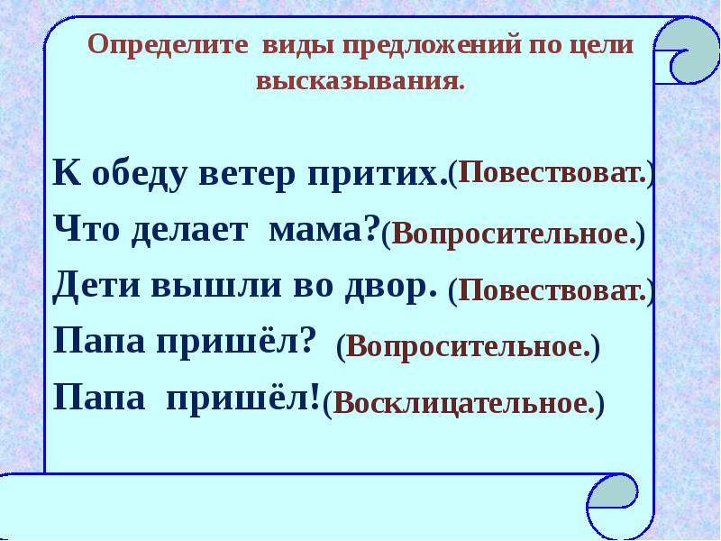 Типы предложений по цели высказывания. Виды предложений по цели высказывания. Определи Тип предложения.