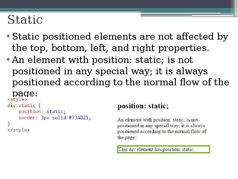 Element position. Position static. Status positions.