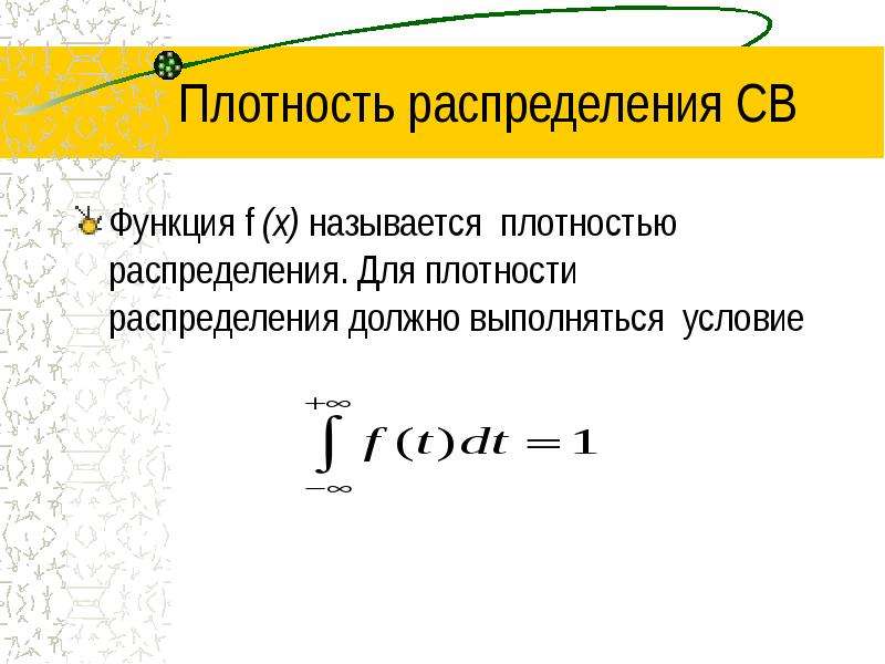 Плотность распределения СВ Функция f (х) называется плотностью распределения. Для плотности распреде