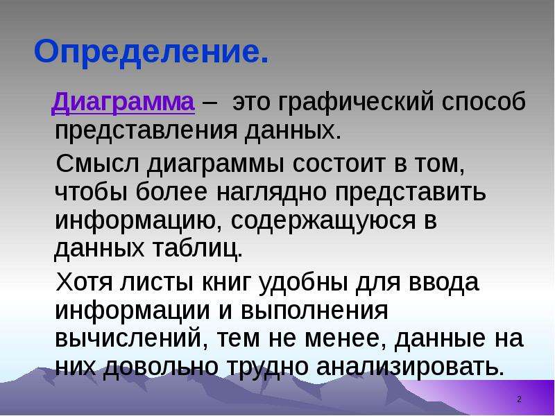 


Определение.
   Диаграмма –  это графический способ представления данных. 
   Смысл диаграммы состоит в том, чтобы более наглядно представить информацию, содержащуюся в данных таблиц. 
   Хотя листы книг удобны для ввода информации и выполнения вычислений, тем не менее, данные на них довольно трудно анализировать. 
