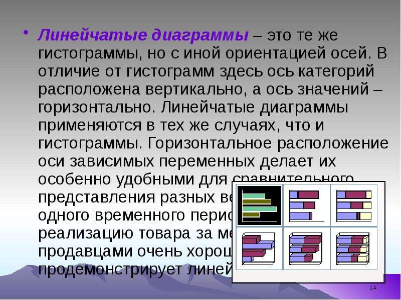 



Линейчатые диаграммы – это те же гистограммы, но с иной ориентацией осей. В отличие от гистограмм здесь ось категорий расположена вертикально, а ось значений – горизонтально. Линейчатые диаграммы применяются в тех же случаях, что и гистограммы. Горизонтальное расположение оси зависимых переменных делает их особенно удобными для сравнительного представления разных величин в пределах одного временного периода. Скажем, реализацию товара за месяц различными продавцами очень хорошо продемонстрирует линейчатая диаграмма.
