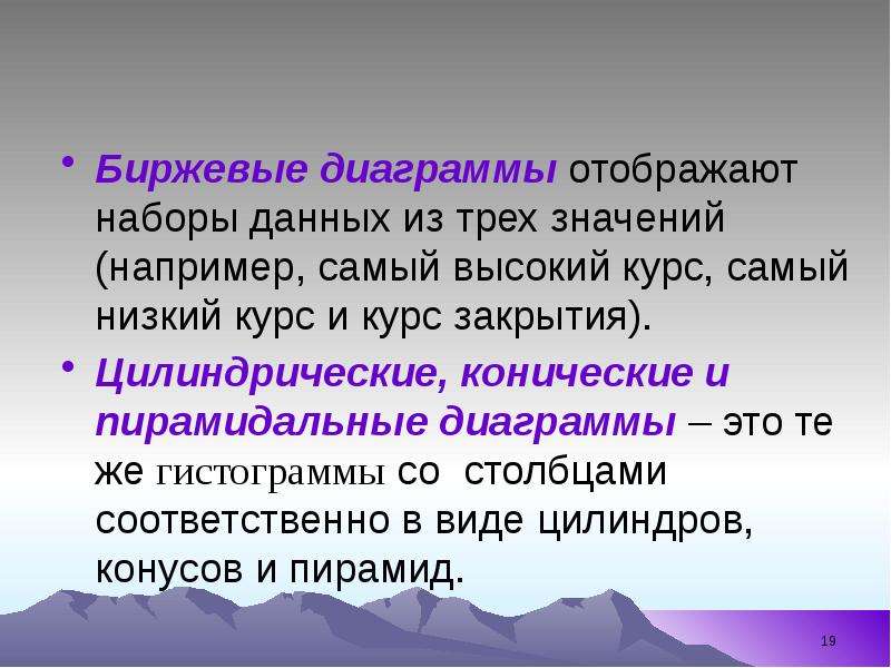 



Биржевые диаграммы отображают наборы данных из трех значений (например, самый высокий курс, самый низкий курс и курс закрытия).
Цилиндрические, конические и пирамидальные диаграммы – это те же гистограммы со  столбцами соответственно в виде цилиндров, конусов и пирамид. 
