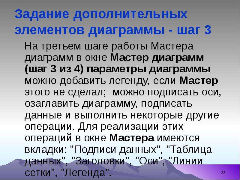 


Задание дополнительных элементов диаграммы - шаг 3 
   На третьем шаге работы Мастера диаграмм в окне Мастер диаграмм (шаг 3 из 4) параметры диаграммы можно добавить легенду, если Мастер этого не сделал;  можно подписать оси, озаглавить диаграмму, подписать данные и выполнить некоторые другие операции. Для реализации этих операций в окне Мастера имеются вкладки: "Подписи данных", "Таблица данных", "Заголовки", "Оси", "Линии сетки", "Легенда".
