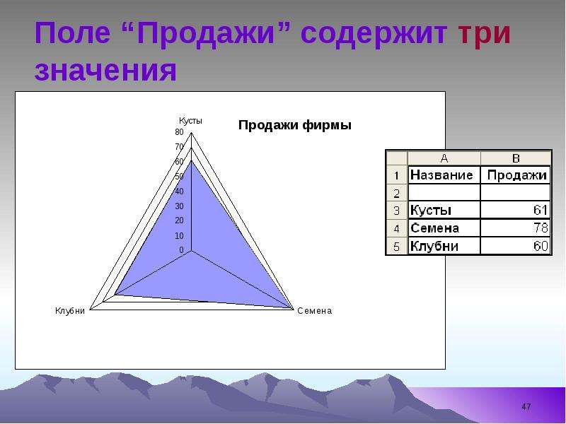 


Поле “Продажи” содержит три значения
