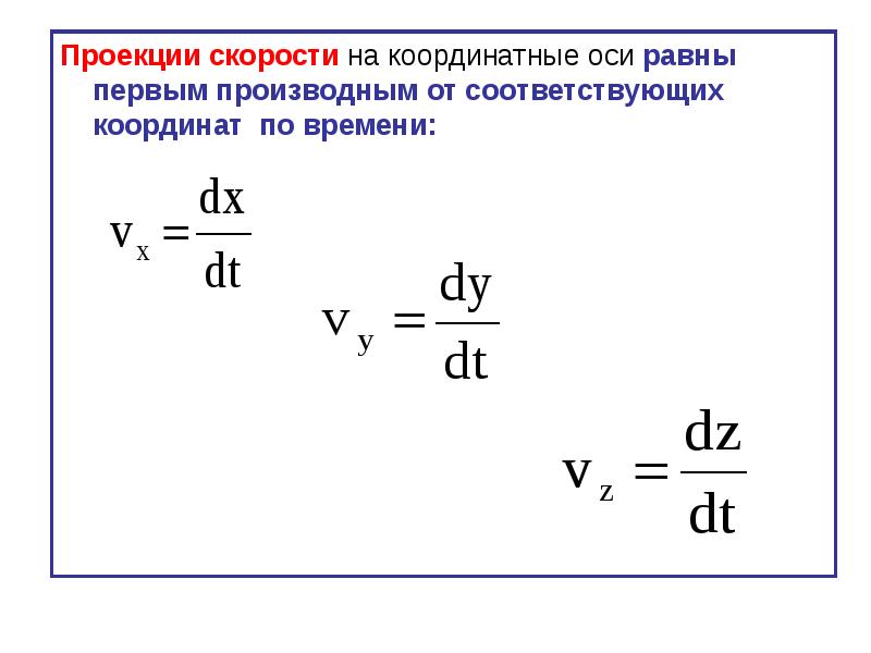 Проекция скорости равна нулю. Проекция скорости. Проекция скорости на координатную ось. Скорость производная от координаты. Производная координаты по времени.