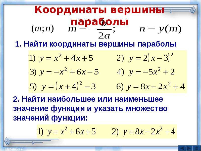 Определи координаты вершины параболы