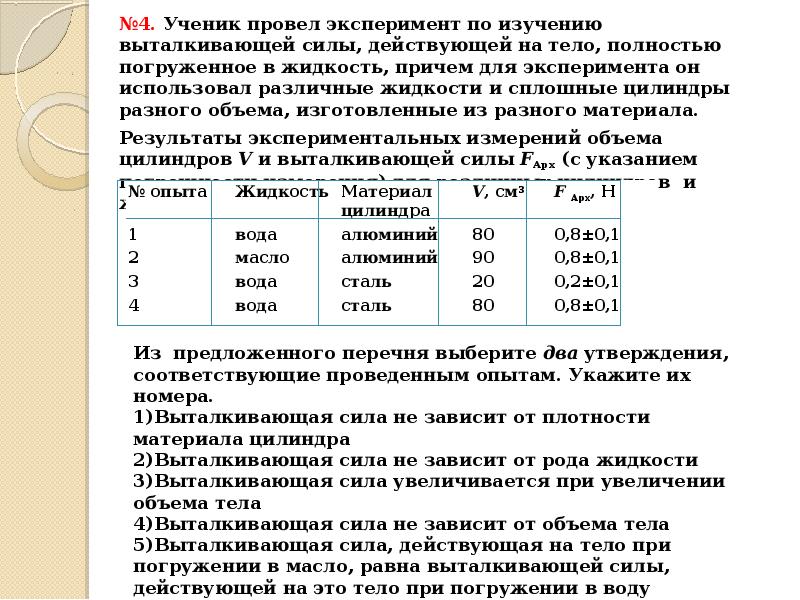 Условия плавания тел задачи