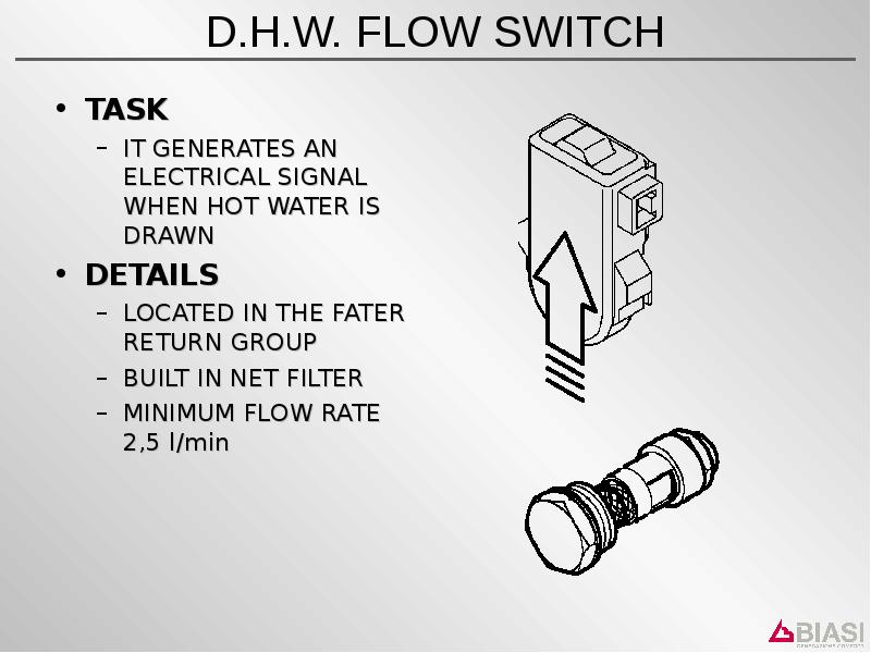 D. H. W. FLOW SWITCH TASK IT GENERATES AN ELECTRICAL SIGNAL WHEN HOT WATER IS DRAWN DETAILS LOCATED