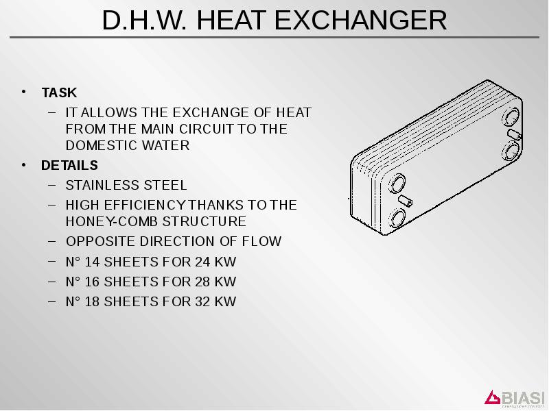 D. H. W. HEAT EXCHANGER TASK IT ALLOWS THE EXCHANGE OF HEAT FROM THE MAIN CIRCUIT TO THE DOMESTIC WA