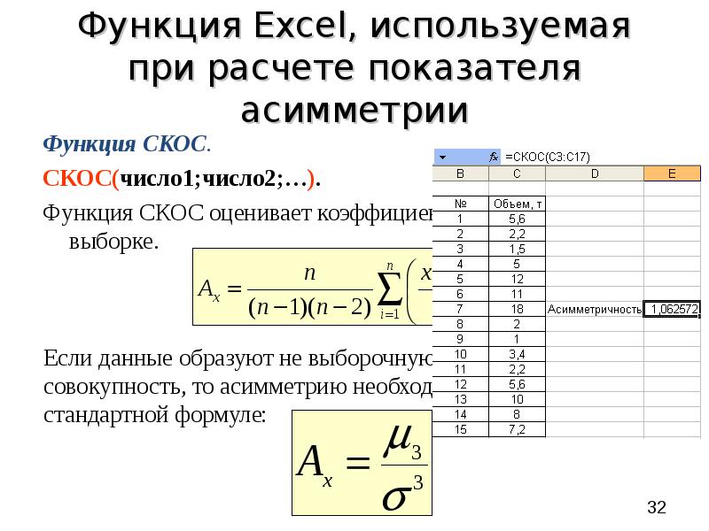 Функция Excel, используемая при расчете показателя асимметрии Функция СКОС. СКОС(число1;число2;…). Ф