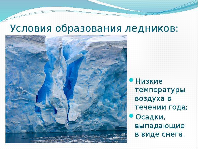 Условия образования ледников: Низкие температуры воздуха в течении года; Осадки, выпадающие в виде с
