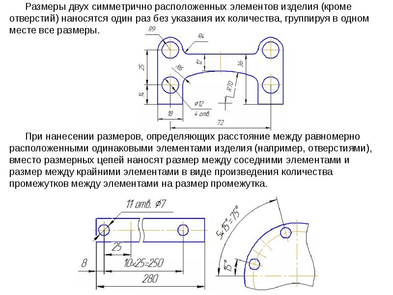 Размеры на симметричной детали на чертеже