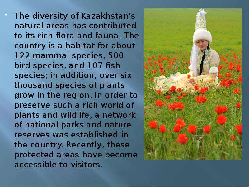 The diversity of Kazakhstan's natural areas has contributed to its rich flora and fauna. The co