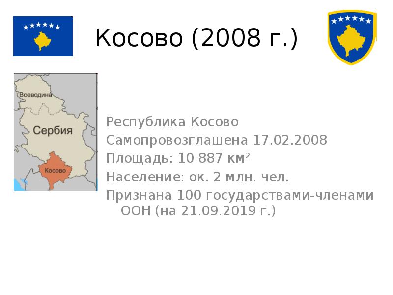 Косово (2008 г. ) Республика Косово Самопровозглашена 17. 02. 2008 Площадь: 10 887 км² Население: ок