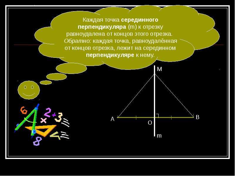 Середина перпендикуляра. Серединный перпендикуляр к отрезку. Точка равноудалённая от концов отрезка. Каждая точка серединного перпендикуляра к отрезку. Каждая точка серединного перпендикуляра к отрезку равноудалена.