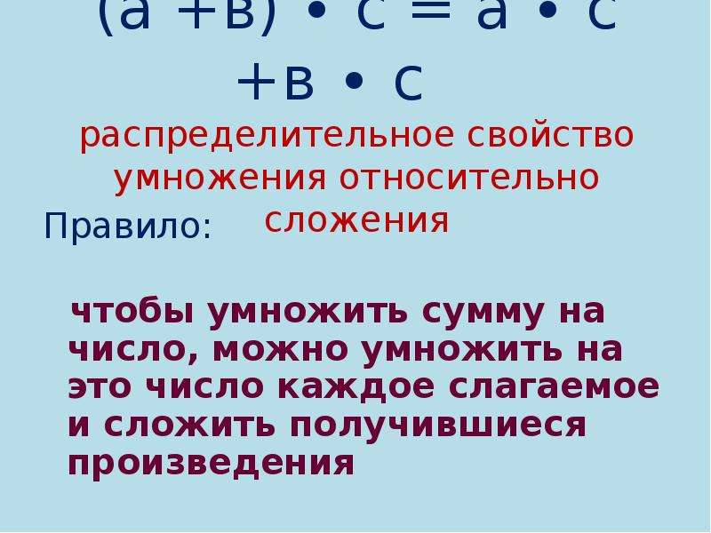 Распределительное свойство умножения 5. Распределительное свойство умножения. Распределительное свойство умножения правило. Распределительное свойство умножения относительно сложения. Распределительный закон умножения относительно сложения.