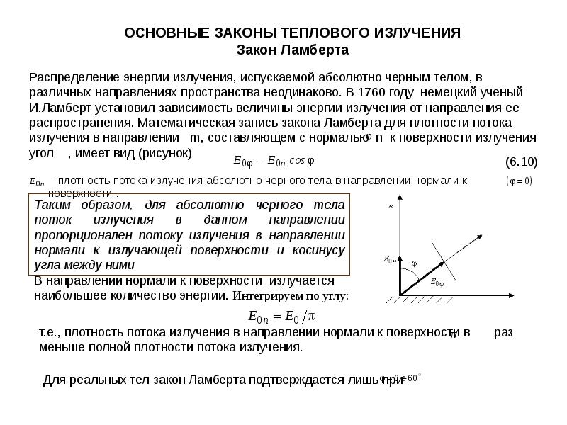 Тепловые законы. Закон Ламберта для теплового излучения. Ламбрета для теплового излучения. Закон Ламберта для абсолютно черного тела. Распределение Ламберта.