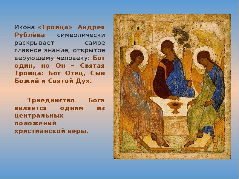 Икона «Троица» Андрея Рублёва символически раскрывает самое главное знание, открытое верующему челов