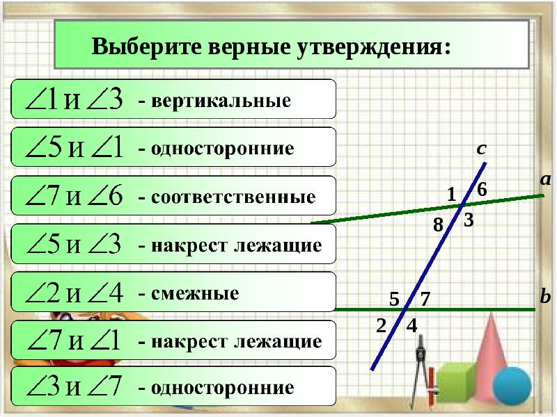 Выберите верное утверждение 1 2 3. Накрест лежащие односторонние и соответственные углы. Вертикальные углы при параллельных прямых. Накрест лежащие углы 7 класс геометрия. Накрест лежащие углы соответственные углы односторонние.