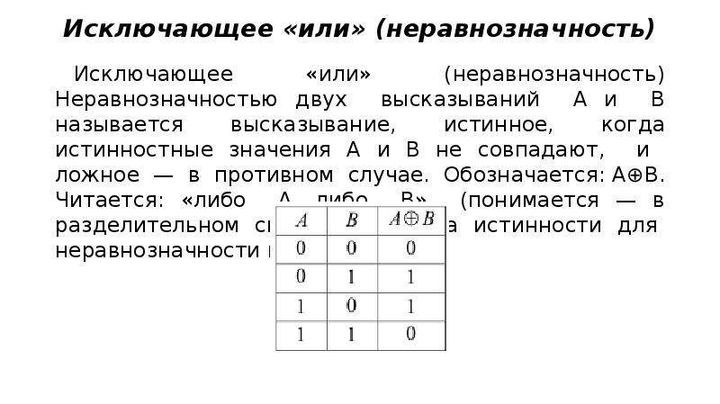 Исключающее или. Таблица истинности функции исключающее или. Логическая операция неравнозначность. Неравнозначность таблица истинности. Таблица истинности для операции неравнозначности.