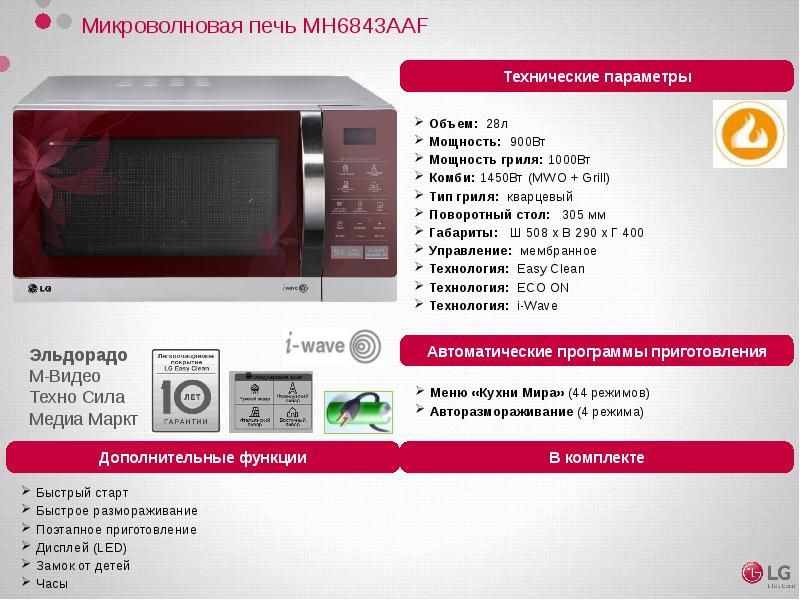 Свч характеристики. СВЧ LG mh6843aaf. LG микроволновая печь 20 литров Эльдорадо. LG микроволновка мн 6843aaf. Микроволновая печь с грилем 900вт 30 литров.