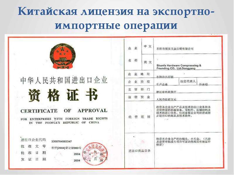 Китайская лицензия на экспортно- импортные операции